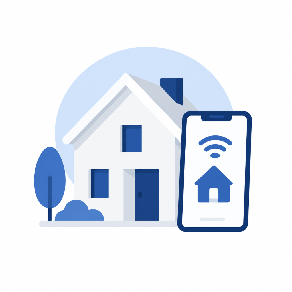 Domotica en huisautomatisering Illustratie van een woning met een smartphone die het huis bedient