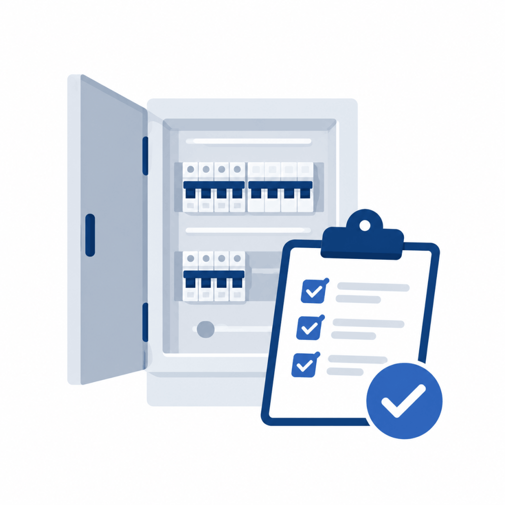 Elektrotechnische inspectie Illustratie van een geopende groepenkast met een afgevinkte inspectiechecklist
